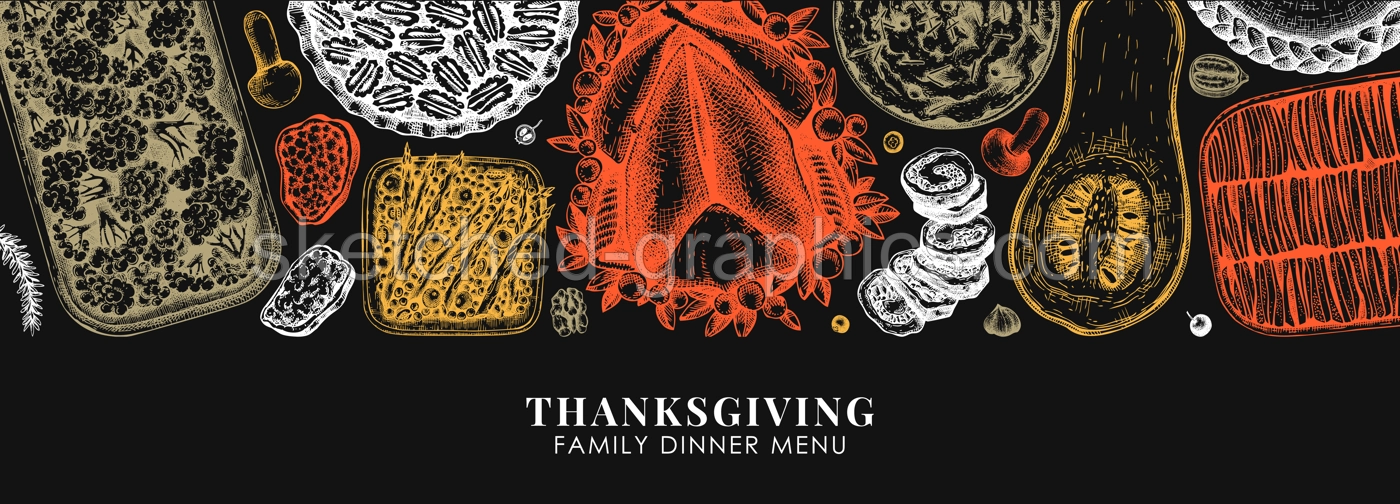 Thanksgiving food banner design in color. With roasted turkey, cooked vegetables, rolled meat, baking cakes and pies sketches. Vintage autumn food template. Vector Thanksgiving day background. Illustration